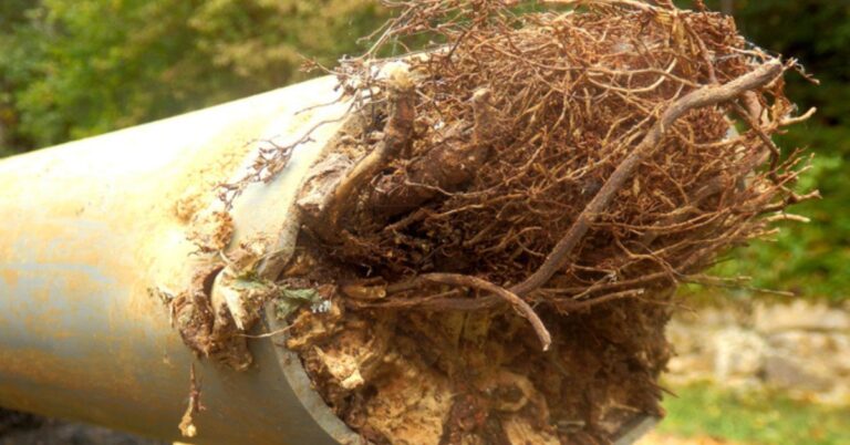 A pipe with tree roots growing through it, causing damage and blockage.